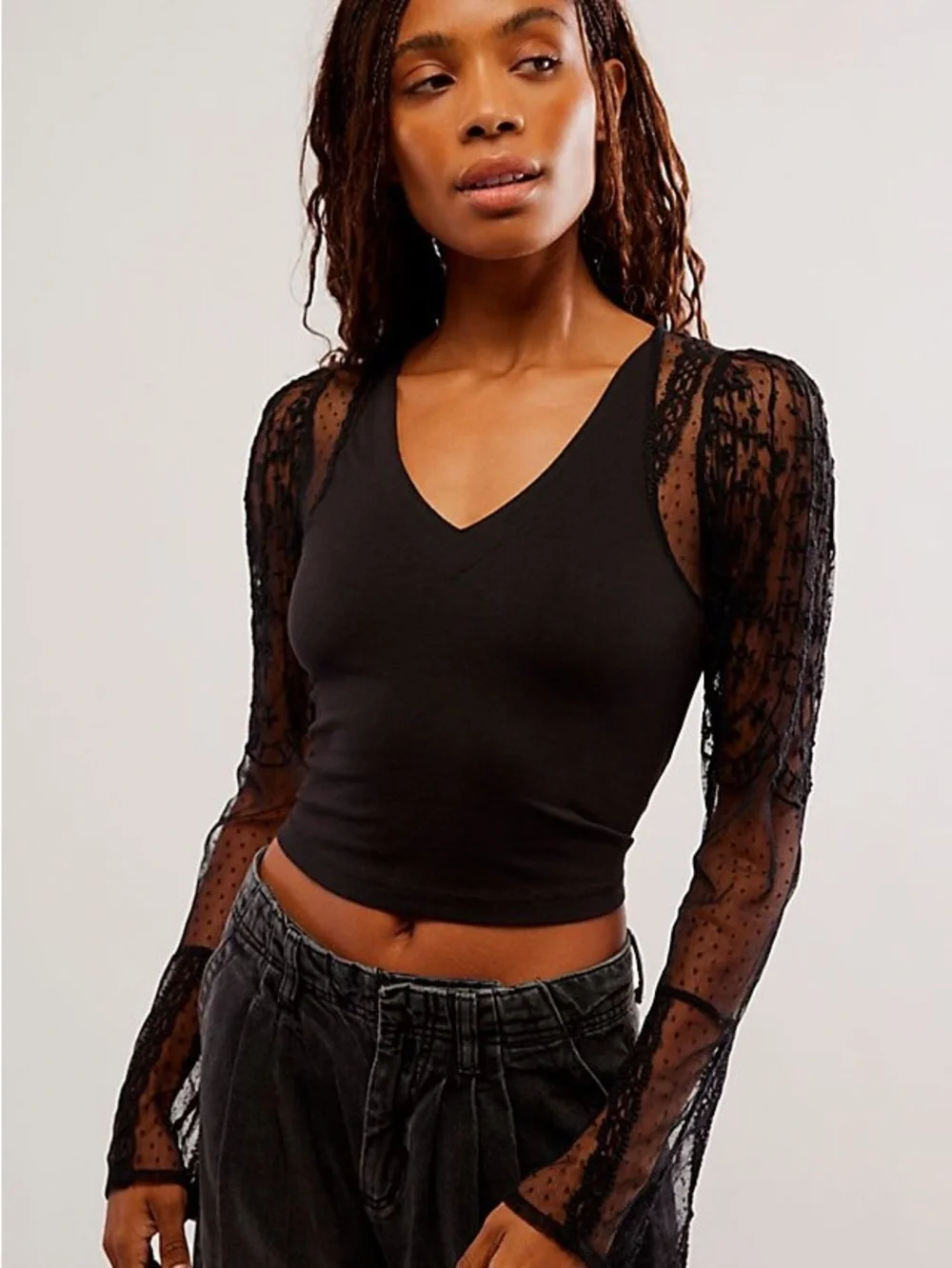 Sheer Lace Sleeve V-Neck Crop Top - Black